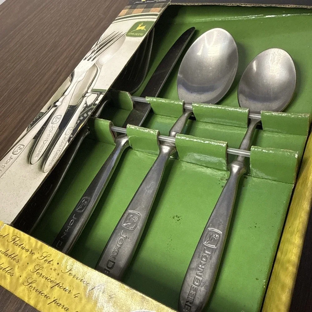 Gibson John Deere Engraved Stainless Flatware Set 16 pieces NOS-open box damaged